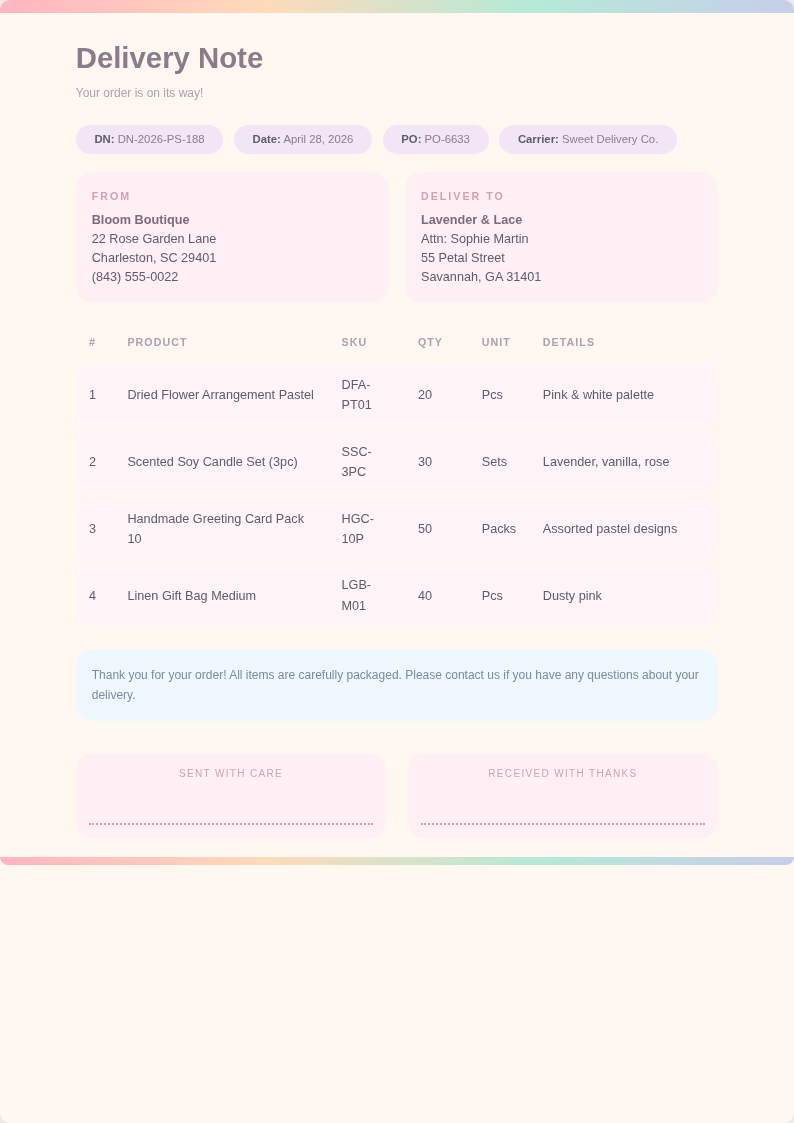 Pastel soft delivery note